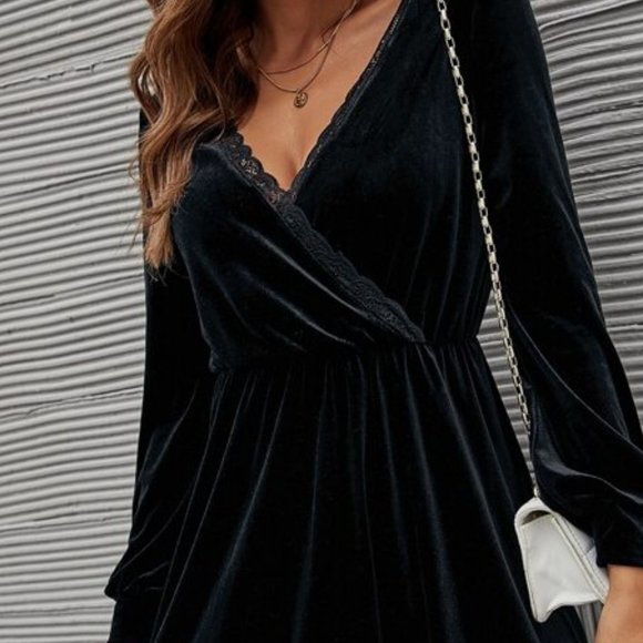 BOHO Black Surplice Lace Velvet Ruffle Lantern Sle - Picture 7 of 8